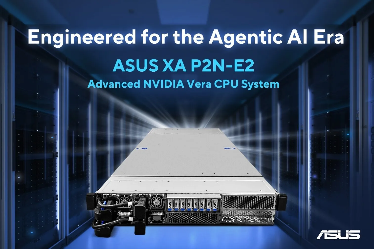 A server in a blue-lit data center with text promoting ASUS XA P2N-E2 and NVIDIA Vera CPU system