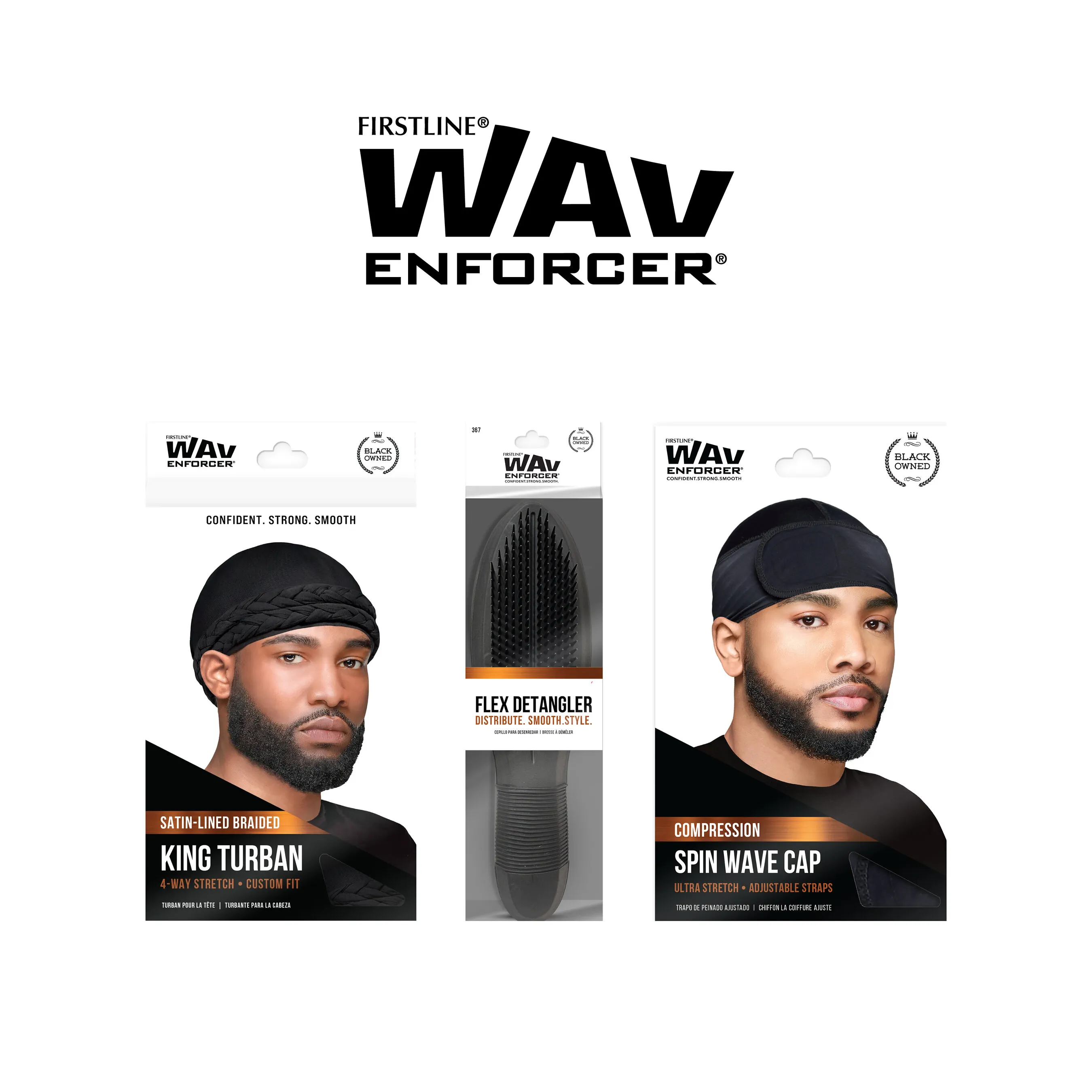 Three WavEnforcer hair products, including durags and a flex detangler brush, on a white background.