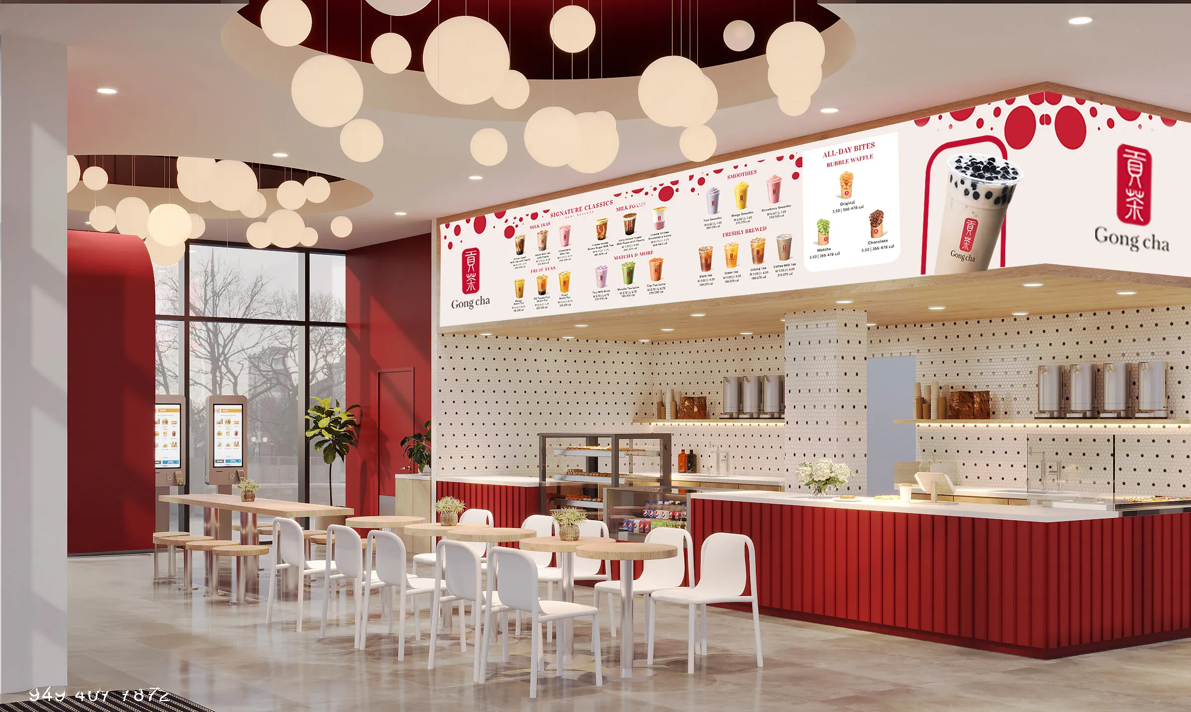 Gong cha bubble tea shop interior with red counter, menu boards, white tables and globe lights