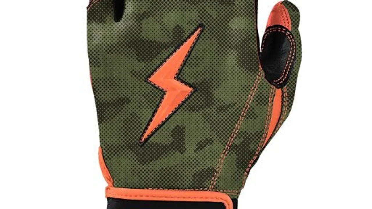 Green camouflage glove with orange trim and a lightning-bolt patch.