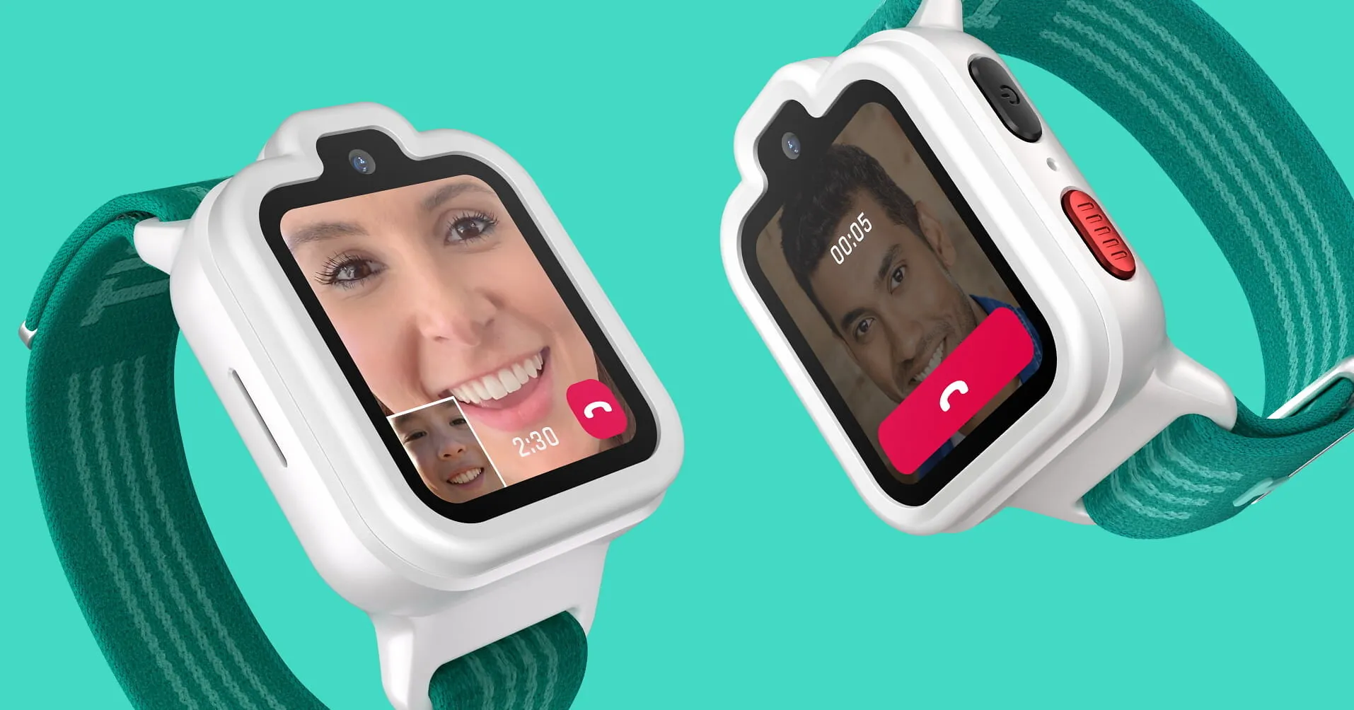 Two white TickTalk smartwatches with green straps showing video calls on a turquoise background.