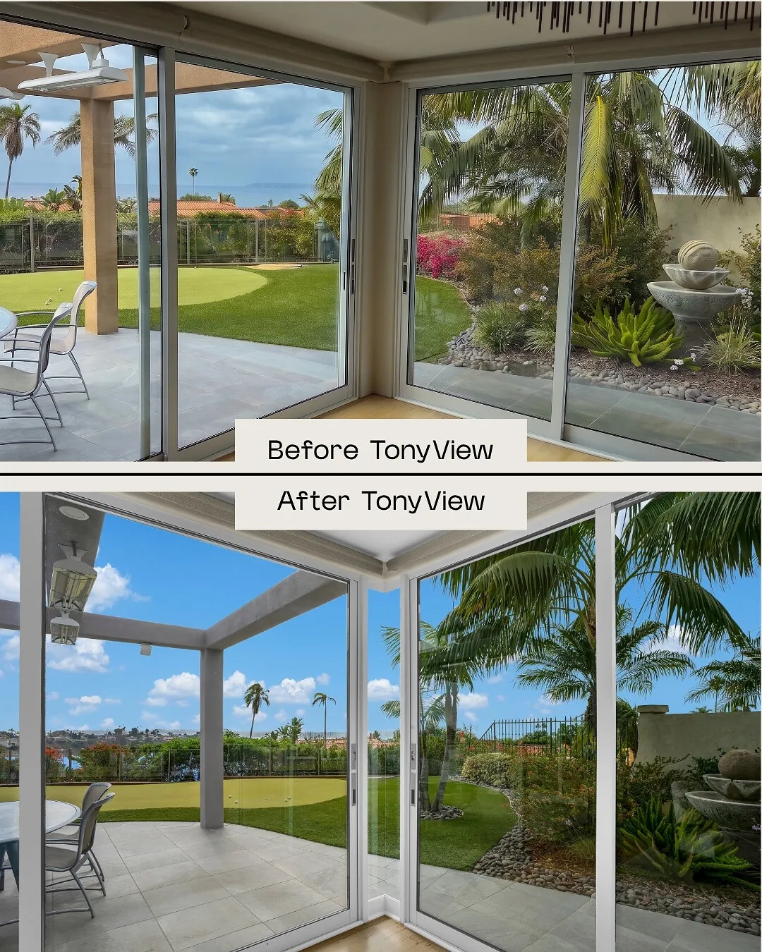 Before-and-after views through sliding glass doors onto a tropical garden and patio