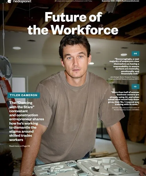 Future of the Workforce cover showing Tyler Cameron leaning over an open tool case in an unfinished building.